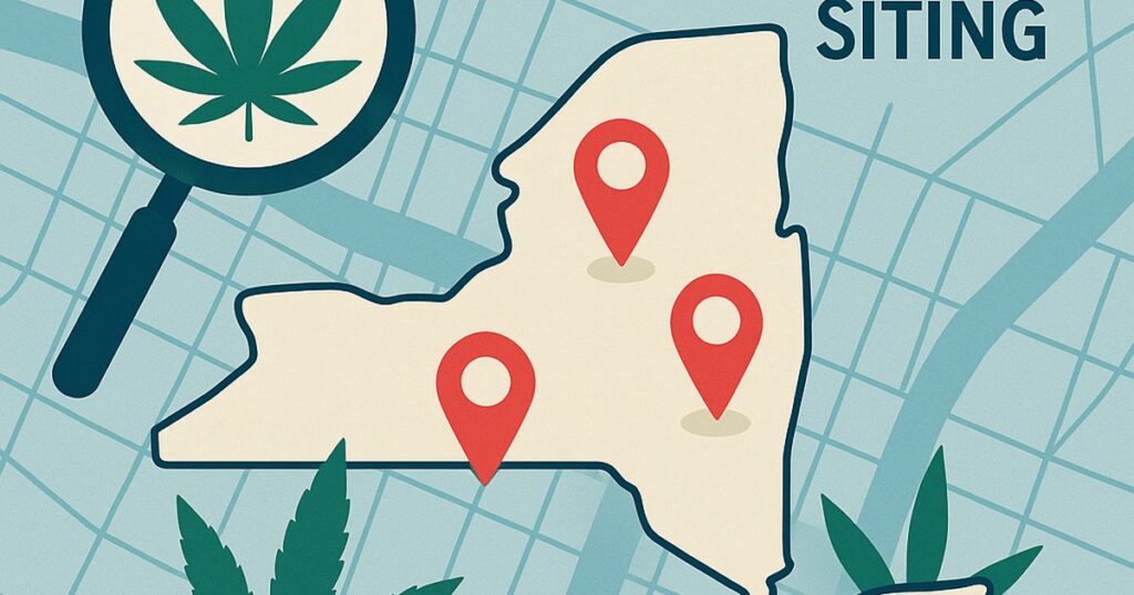 Abstract cannabis dispensary siting illustration with map and cannabis leaves