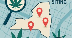 Abstract illustration representing New York dispensary siting with map, pins and cannabis leaves