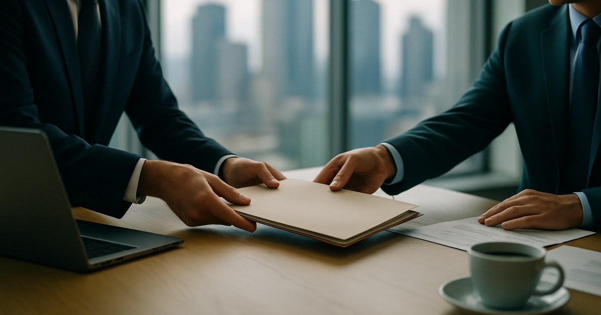 cannabis banking attorney handing documents to a banker in a conference room